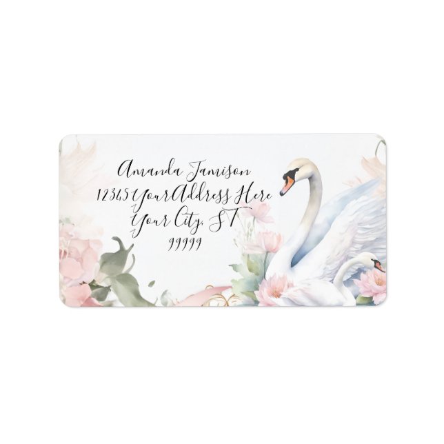 Swan Elegant Floral Pink Ribbon Return Address Label (Front)