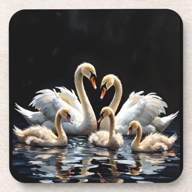 Swan Family on Black Lake Artwork Beverage Coaster (Front)