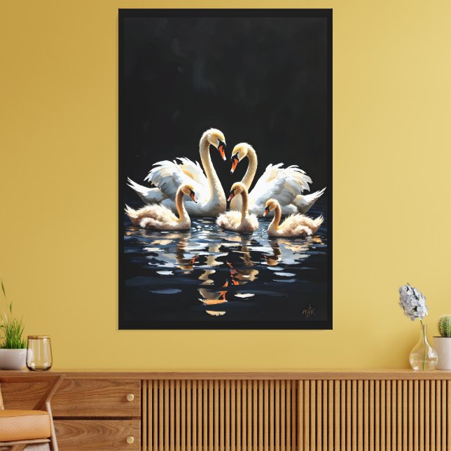 Swan Family on Black Lake Artwork Canvas Print (Insitu(LivingRoom))