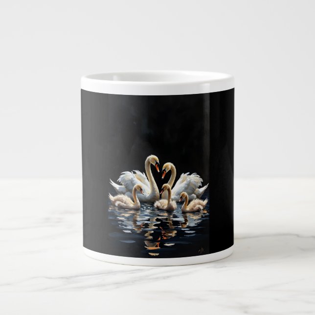 Swan Family on Black Lake Artwork Giant Coffee Mug (Front)
