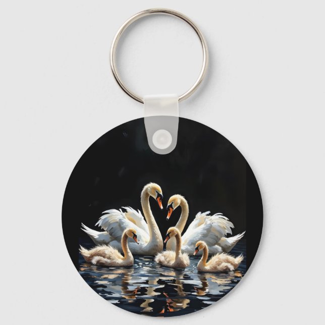 Swan Family on Black Lake Artwork Keychain (Front)
