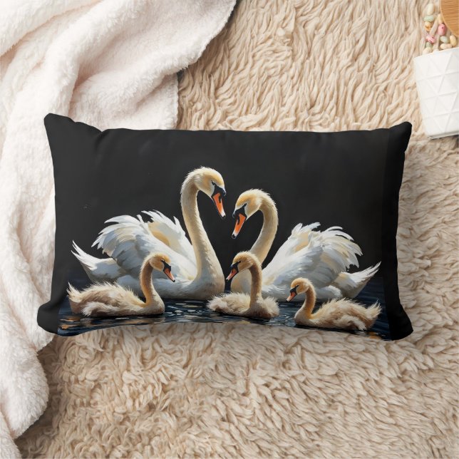Swan Family on Black Lake Artwork Lumbar Pillow (Blanket)