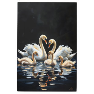 Swan Family on Black Lake Artwork Metal Print