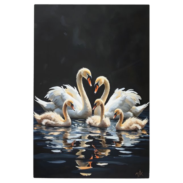 Swan Family on Black Lake Artwork Metal Print (Front)