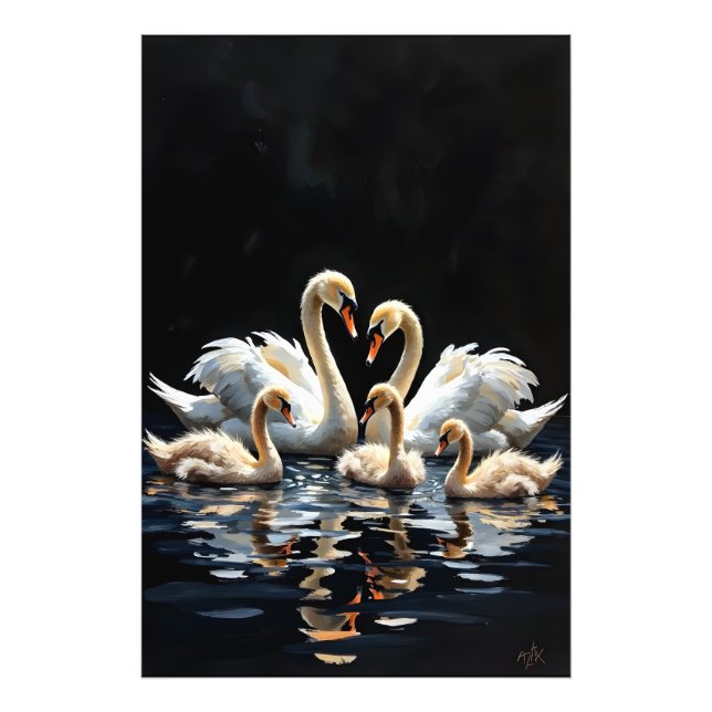 Swan Family on Black Lake Artwork Photo Print (Front)