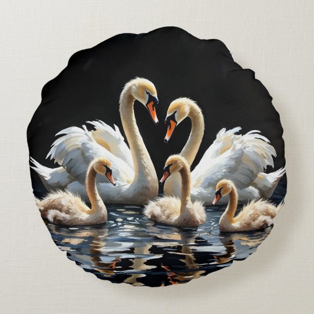 Swan Family on Black Lake Artwork Round Pillow (Back)