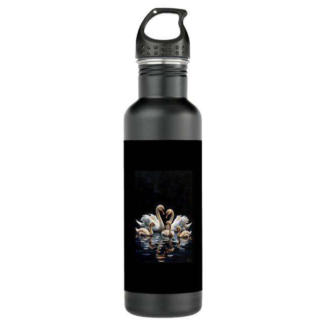 Swan Family on Black Lake Artwork Stainless Steel Water Bottle (Front)