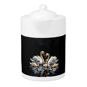 Swan Family on Black Lake Artwork Teapot