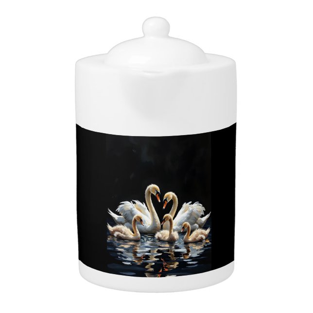 Swan Family on Black Lake Artwork Teapot (Front)