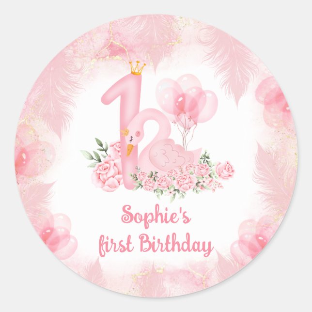 Swan Feather Rose Pink White Girl 1st Birthday Classic Round Sticker (Front)
