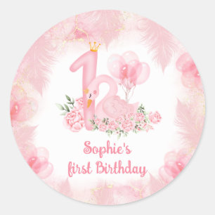 Swan Feather Rose Pink White Girl 1st Birthday Classic Round Sticker