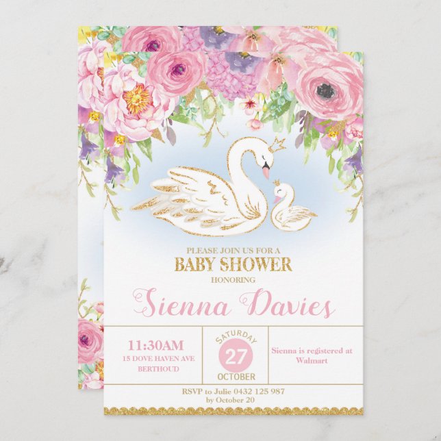Swan Floral Baby Shower Invitation Girl (Front/Back)