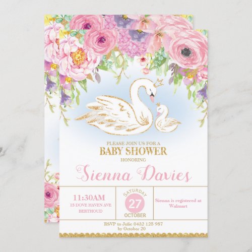 Swan Floral Baby Shower Invitation Girl