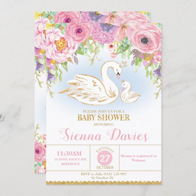 Swan Floral Baby Shower Invitation Girl (Front/Back)