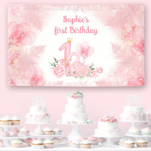 Swan Floral Feather Pink White Girl 1st Birthday Banner