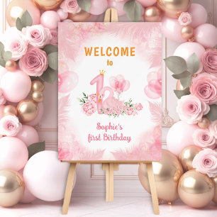Swan Floral Feather Pink White Girl 1st Birthday Foam Board