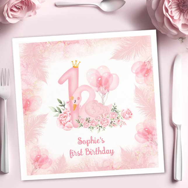 Swan Floral Feather Pink White Girl 1st Birthday Napkins (Swan Floral Feather Pink White Girl 1st Birthday Napkins)
