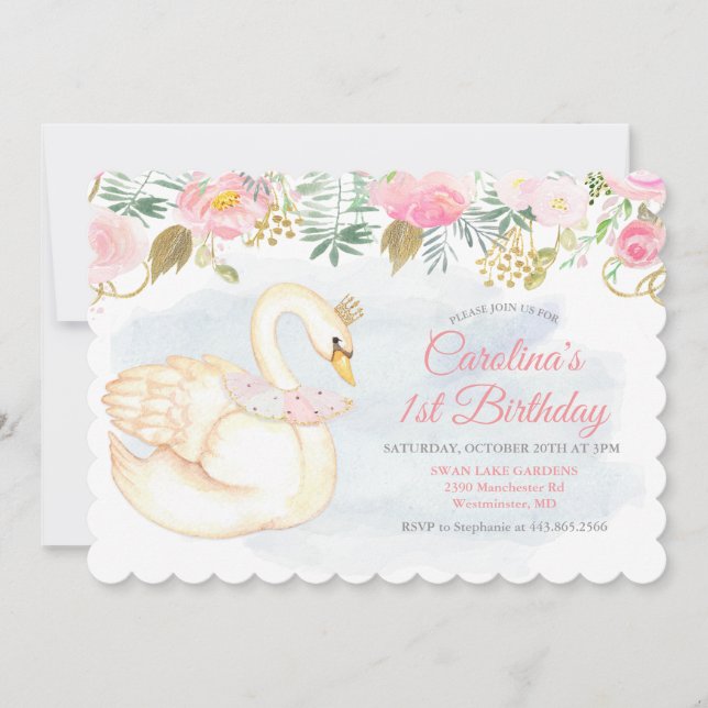Swan Floral First 1st Birthday Invitation (Front)