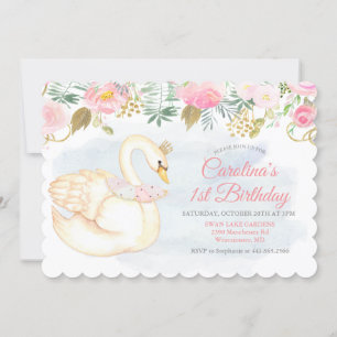 Swan Floral First 1st Birthday Invitation