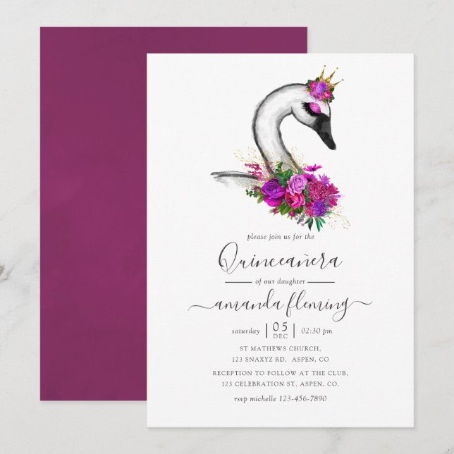 Swan Floral Quinceanera Invitation (Front/Back)