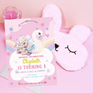 Swan Flower Crown Rainbow Hearts Stars Birthday Invitation