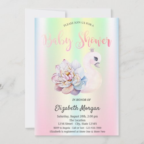  Swan Flower Iridescent Holographic Baby Shower Invitation