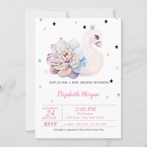 SwanFlower Stars Princess  Baby Shower Invitation