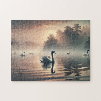 Swan Foggy Lake Sunrise Tranquil Nature Jigsaw Puzzle