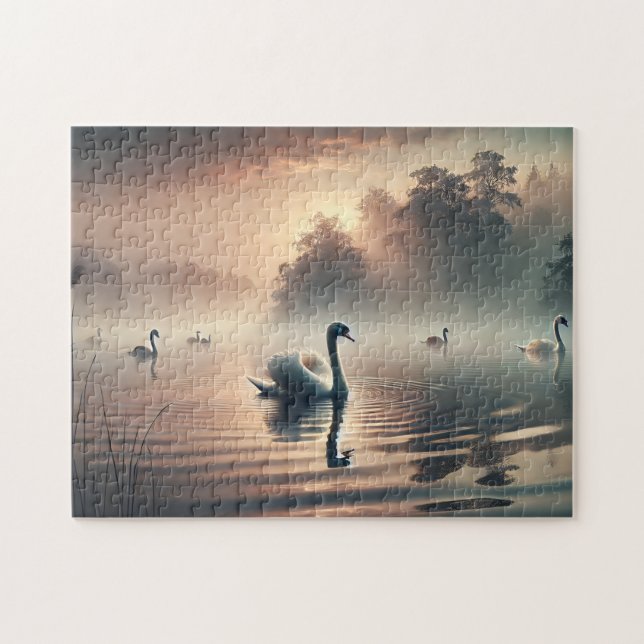 Swan Foggy Lake Sunrise Tranquil Nature Jigsaw Puzzle (Horizontal)