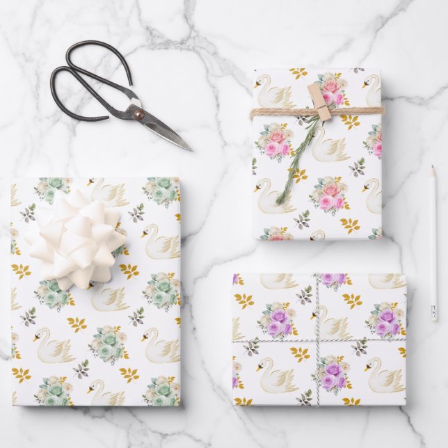 Swan Green, Pink, Purple and Gold Floral Roses Wrapping Paper Sheets (Front)