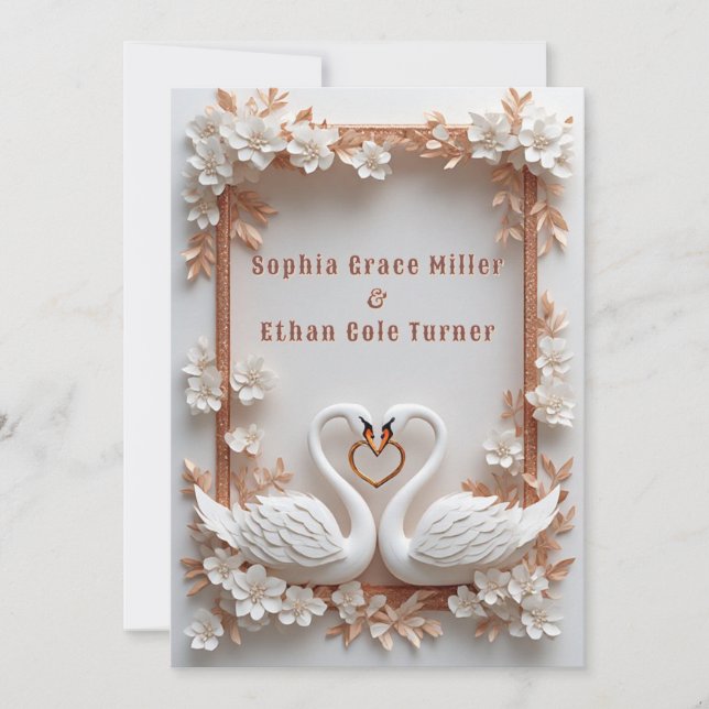 💍 Swan Heart Wedding Decor With Floral Frame 💍 Invitation (Front)