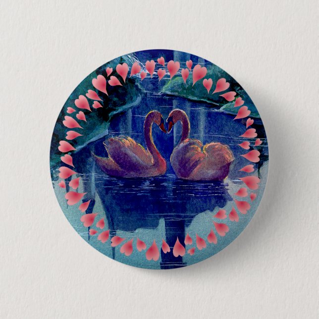 SWAN & HEARTS WREATH by SHARON SHARPE Pinback Button (Front)