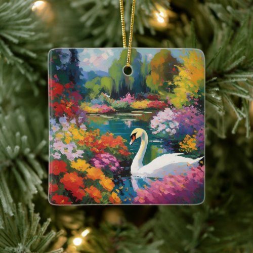 Swan in a Lake Surrounded by Flowers Ceramic Ornament