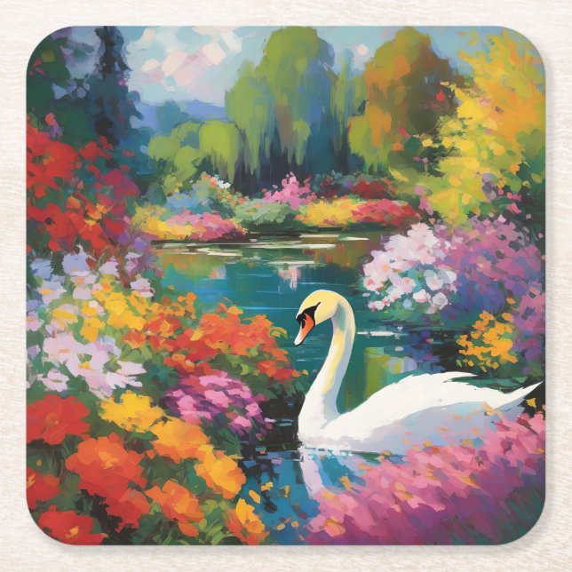 Swan in a Lake Surrounded by Flowers Square Paper Coaster (Front)