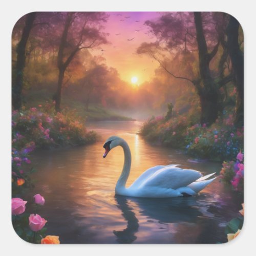 Swan in a lake surrounded by flowers sticker square sticker