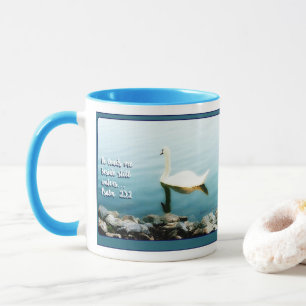 Swan in Lake Psalm 23:2 11 Blue Mug