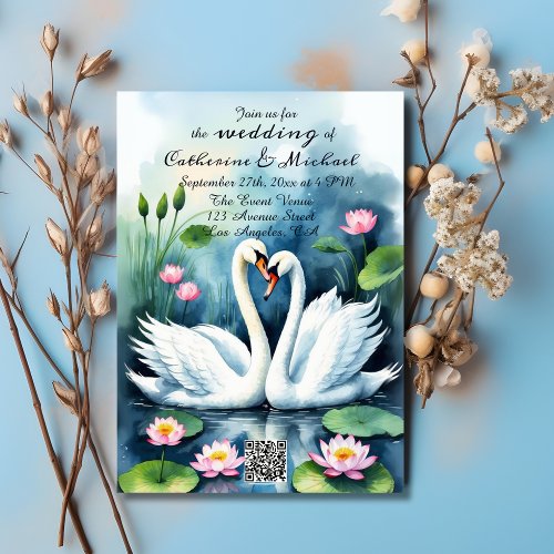 Swan In Love Watercolor Lotus Pond QR Code Wedding Invitation