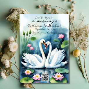 Swan In Love Watercolor Lotus Pond QR Code Wedding Save The Date