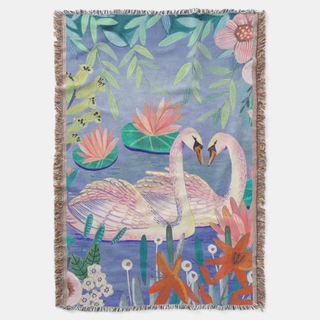 Swan in The Pound | Birds Floral Botanical Throw Blanket (Front Vertical)