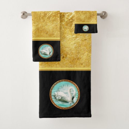 Swan in turquoise water with Gold and black design Bath Towel Set