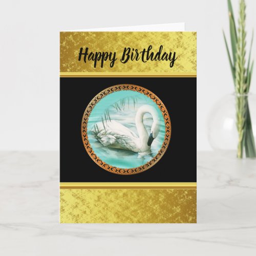 Swan in turquoise water with Gold and black design Card