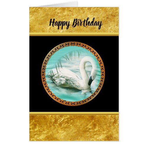 Swan in turquoise water with Gold and black design Card