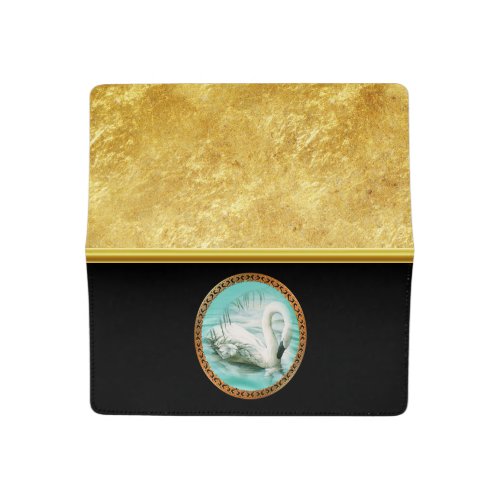 Swan in turquoise water with Gold and black design Checkbook Cover