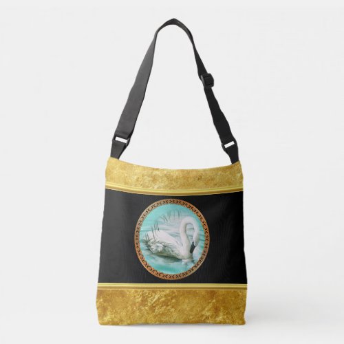 Swan in turquoise water with Gold and black design Crossbody Bag