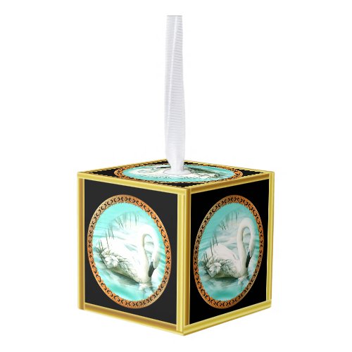 Swan in turquoise water with Gold and black design Cube Ornament