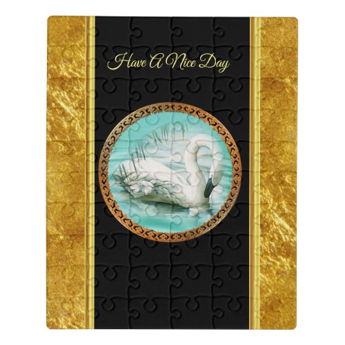 Swan in turquoise water with Gold and black design Jigsaw Puzzle