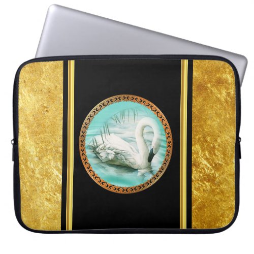 Swan in turquoise water with Gold and black design Laptop Sleeve