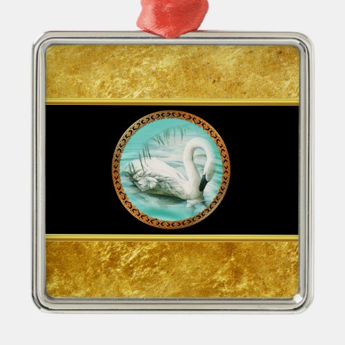 Swan in turquoise water with Gold and black design Metal Ornament