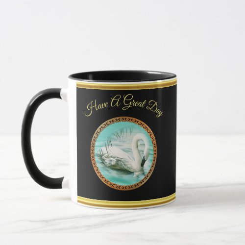 Swan in turquoise water with Gold and black design Mug