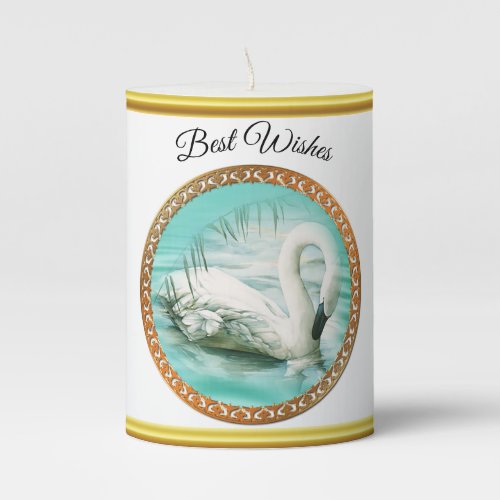 Swan in turquoise water with Gold and black design Pillar Candle
